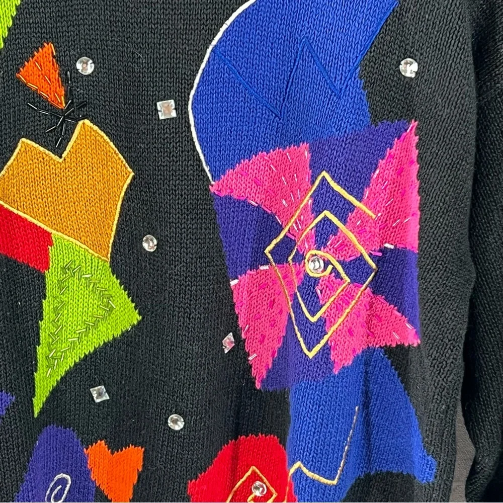 Vintage Santoria Geometric Multi Colored Rhinestone Beaded Pullover Sweater - Picture 2 of 6